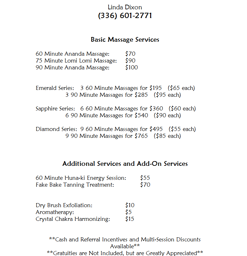 The Fringe Salon & Spa massage therapy price list